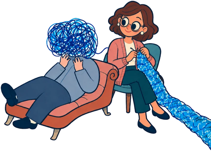 Illustrazione: una persona sdraiata sul divanetto ha al posto della testa un gomitolo blu aggrovigliato; accanto, la psicologa sorride e con i ferri trasforma il filo in una maglia ordinata.